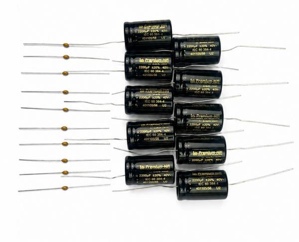 10er Set Premium High Grade Audio Kondensatoren 2.200µF 40V, 105°C axial inkl. 10x Bypass